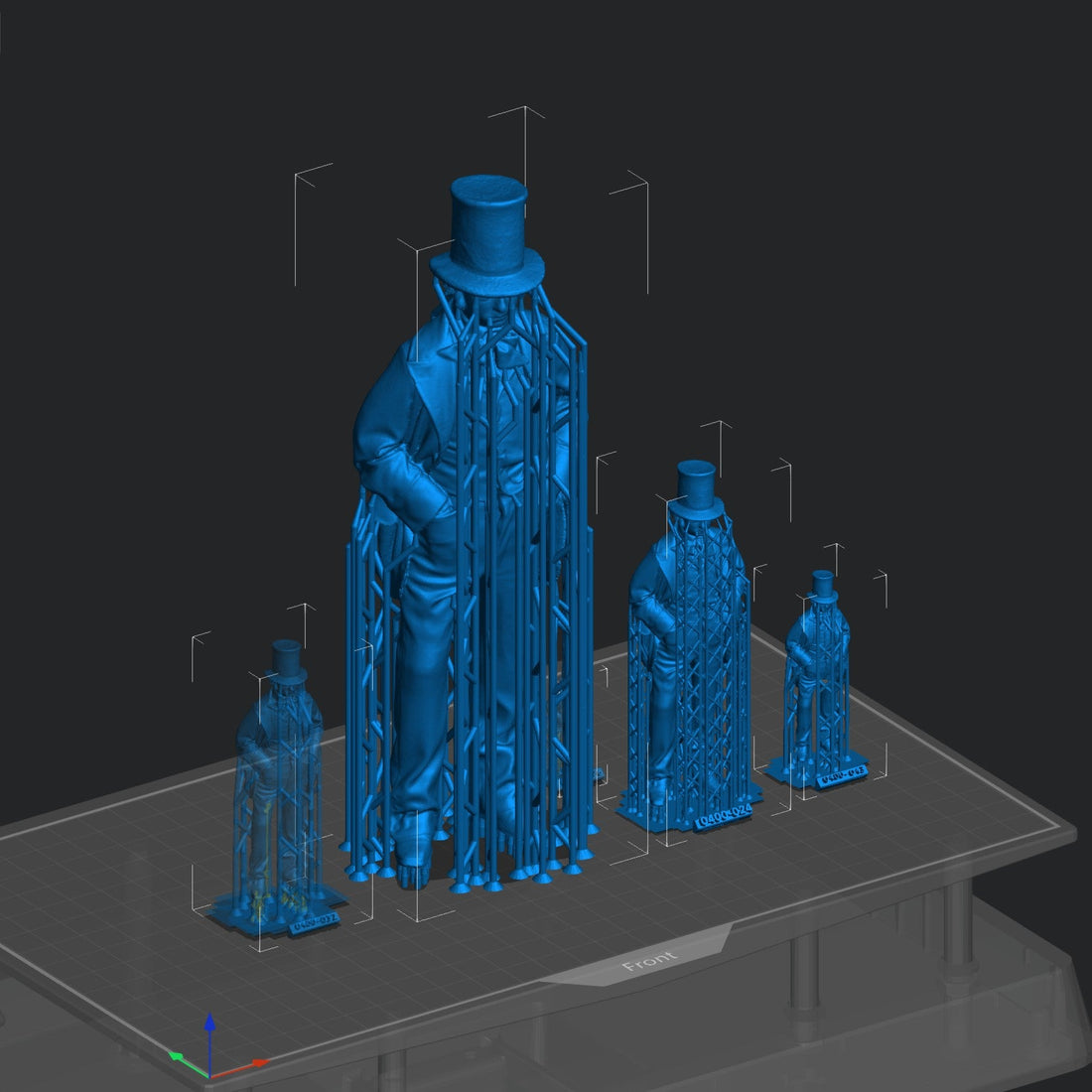 Blue 3D-printed figurines on a gray platform with a black background