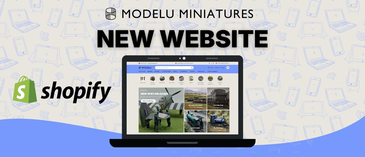Promotional graphic announcing the launch of the new Modelu Miniatures website hosted on Shopify.