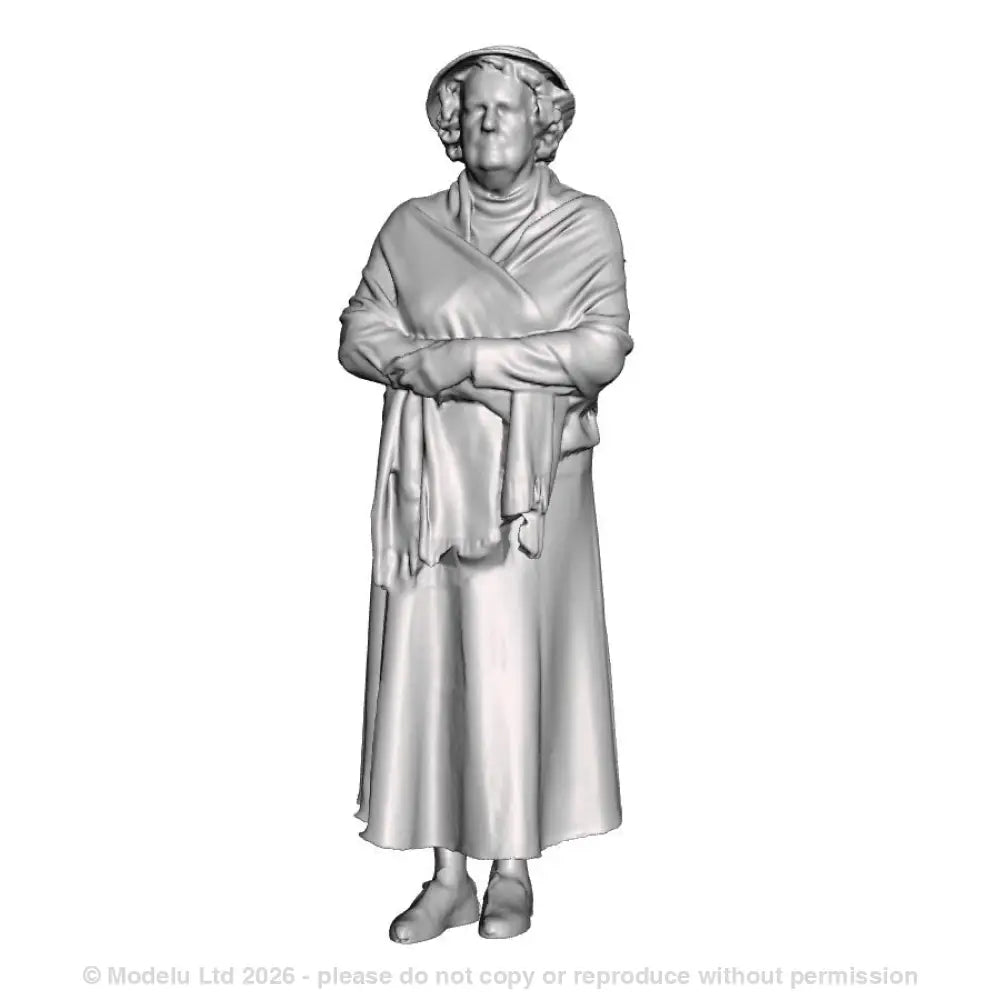 A female figure wearing a hat and shawl