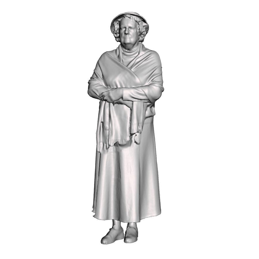 A female figure wearing a hat and shawl