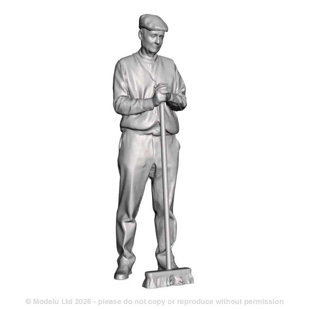 A male figure wearing an apron with a broom