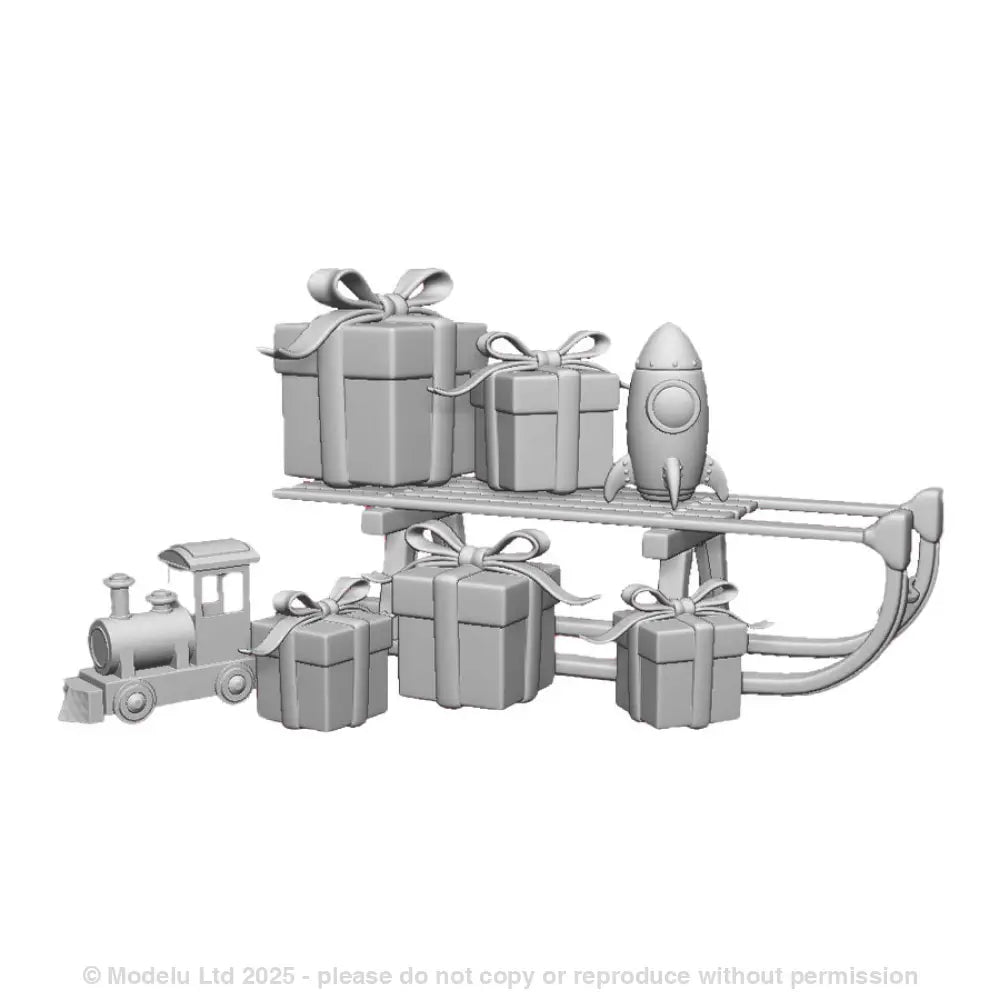 A set of Cristmas presents including a sleigh, toy steam engine, toy rocket and wrapped presents