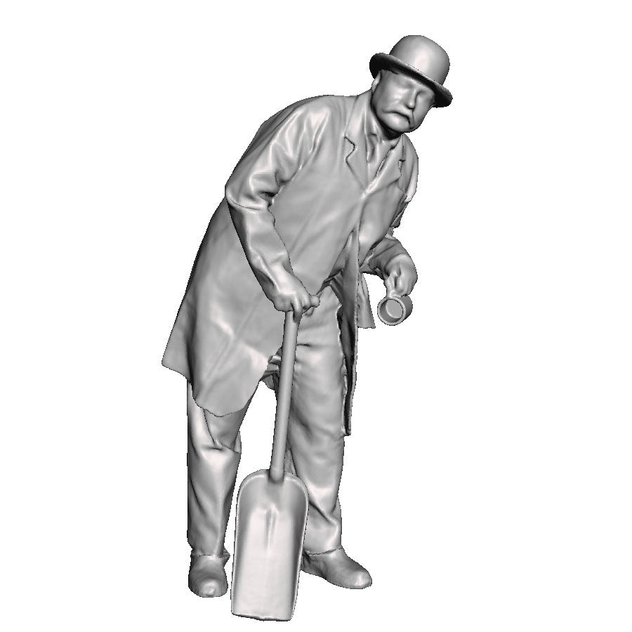 A fireman leaning wearing a bowler hat holding a firing shovel