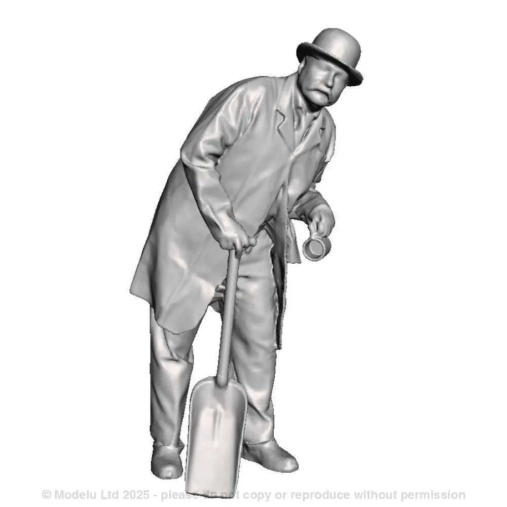 A fireman leaning wearing a bowler hat holding a firing shovel