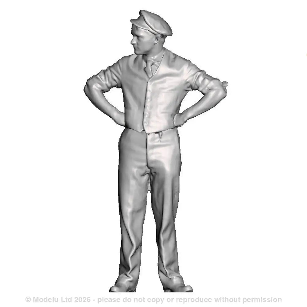 A porter with hands clasped behind his back