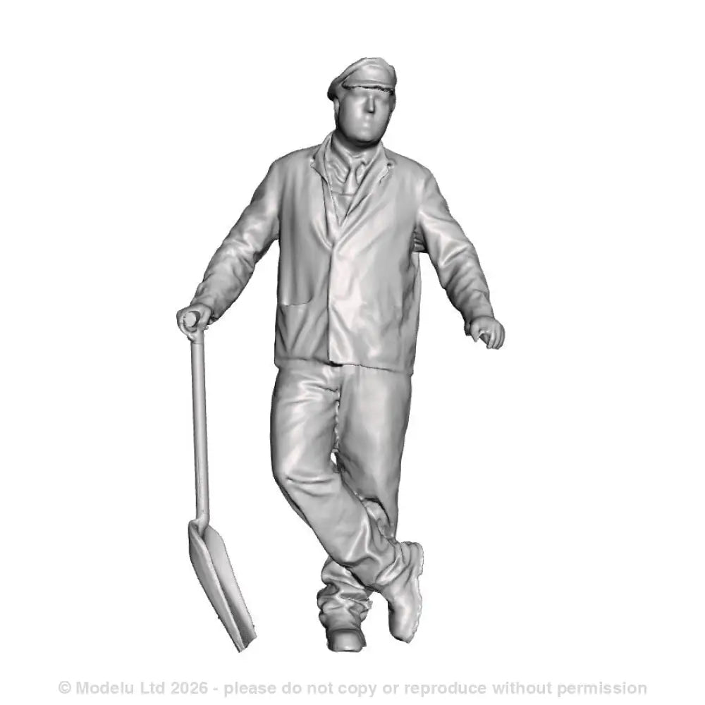 A fireman leaning holding a firing shovel