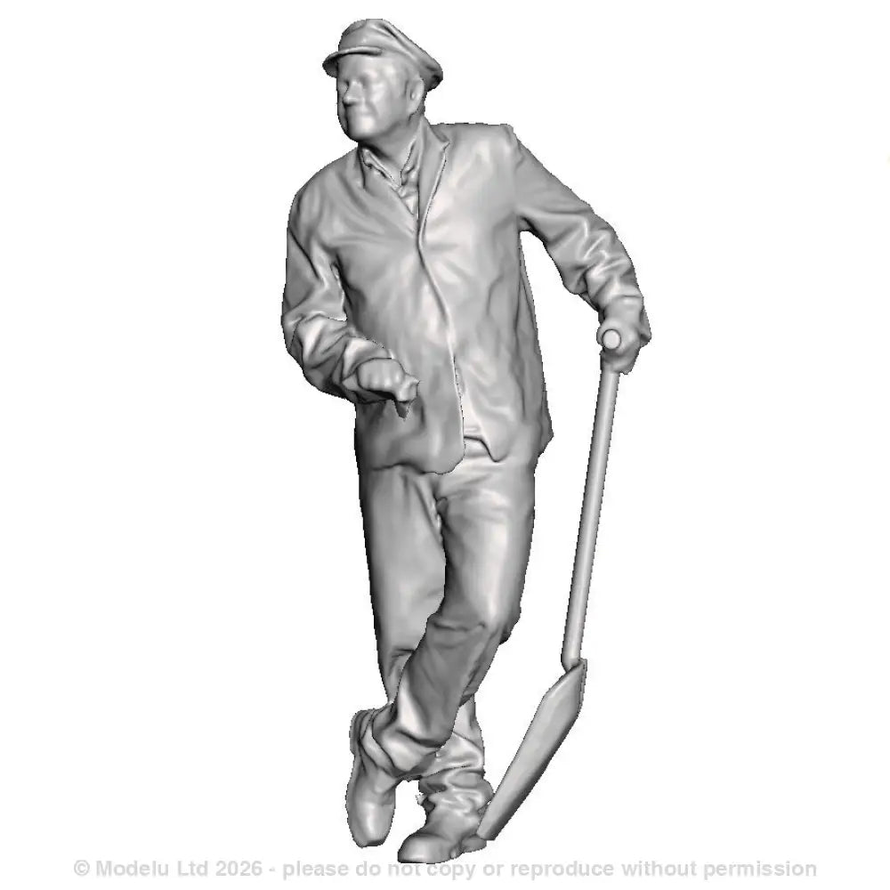 A fireman leaning holding a firing shovel