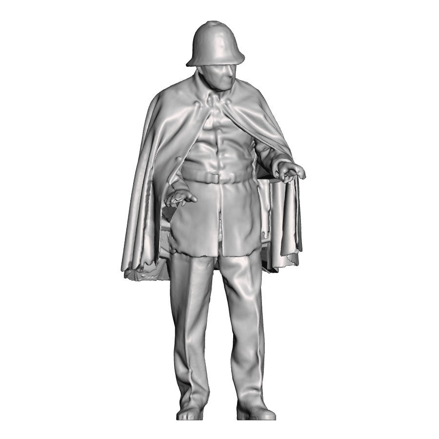 A policeman wearing a cape holding a bike (not included)