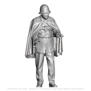 A policeman wearing a cape holding a bike (not included)