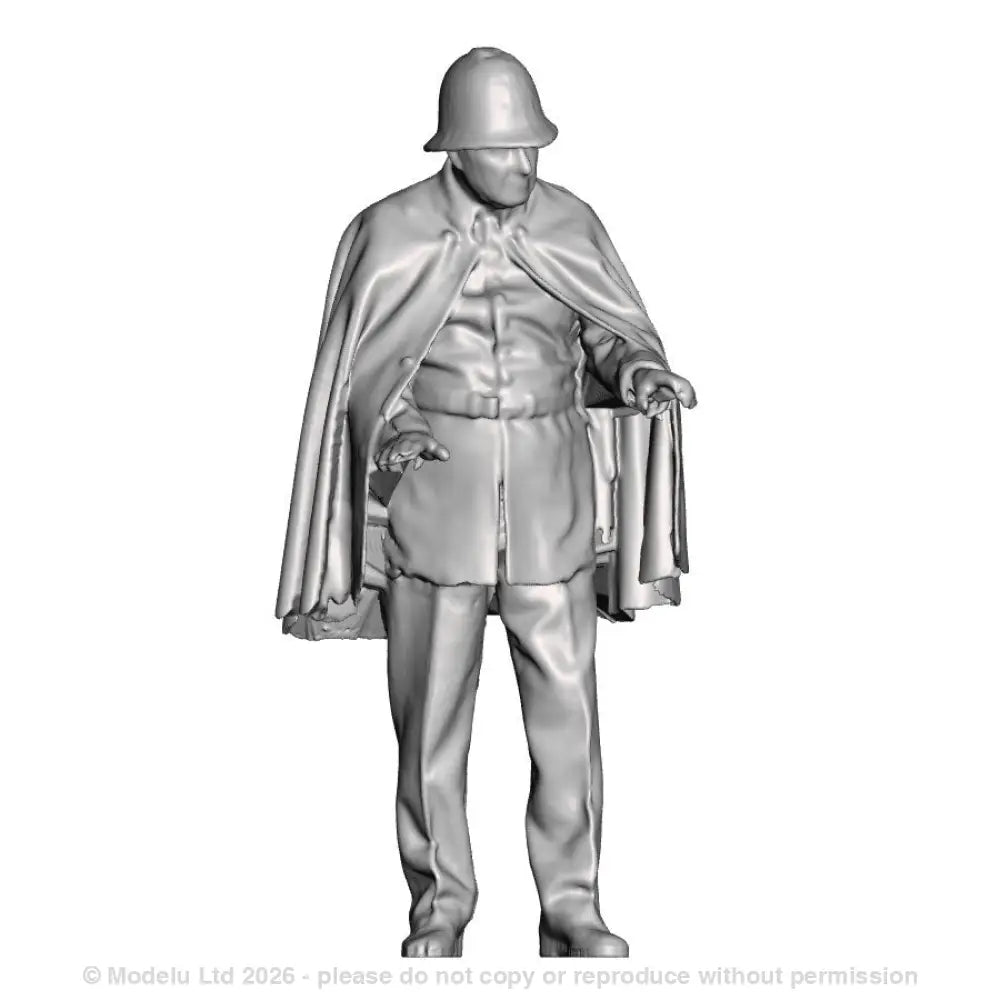 A policeman wearing a cape holding a bike (not included)