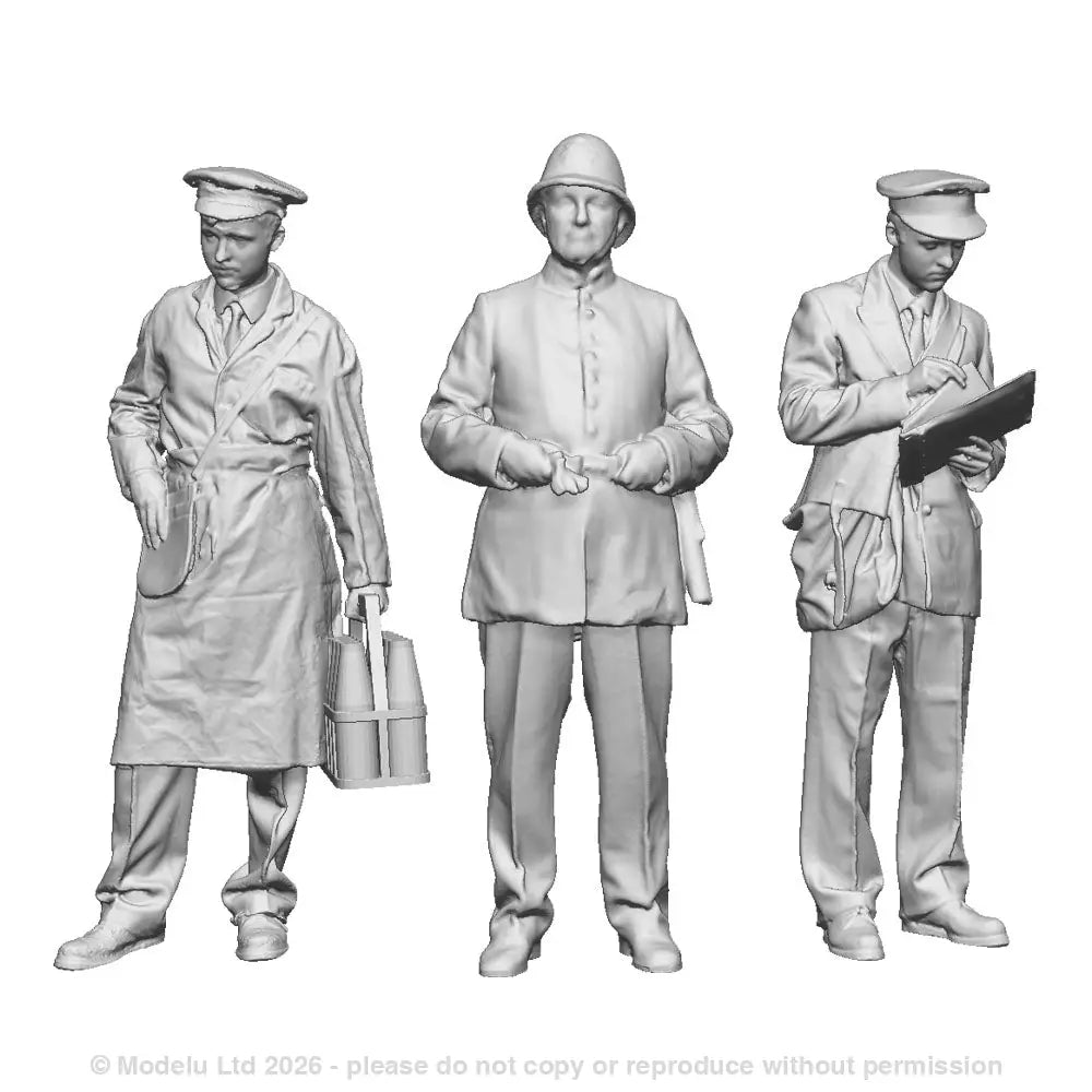 A figure pack containing a milkman, a policeman at ease and a postman