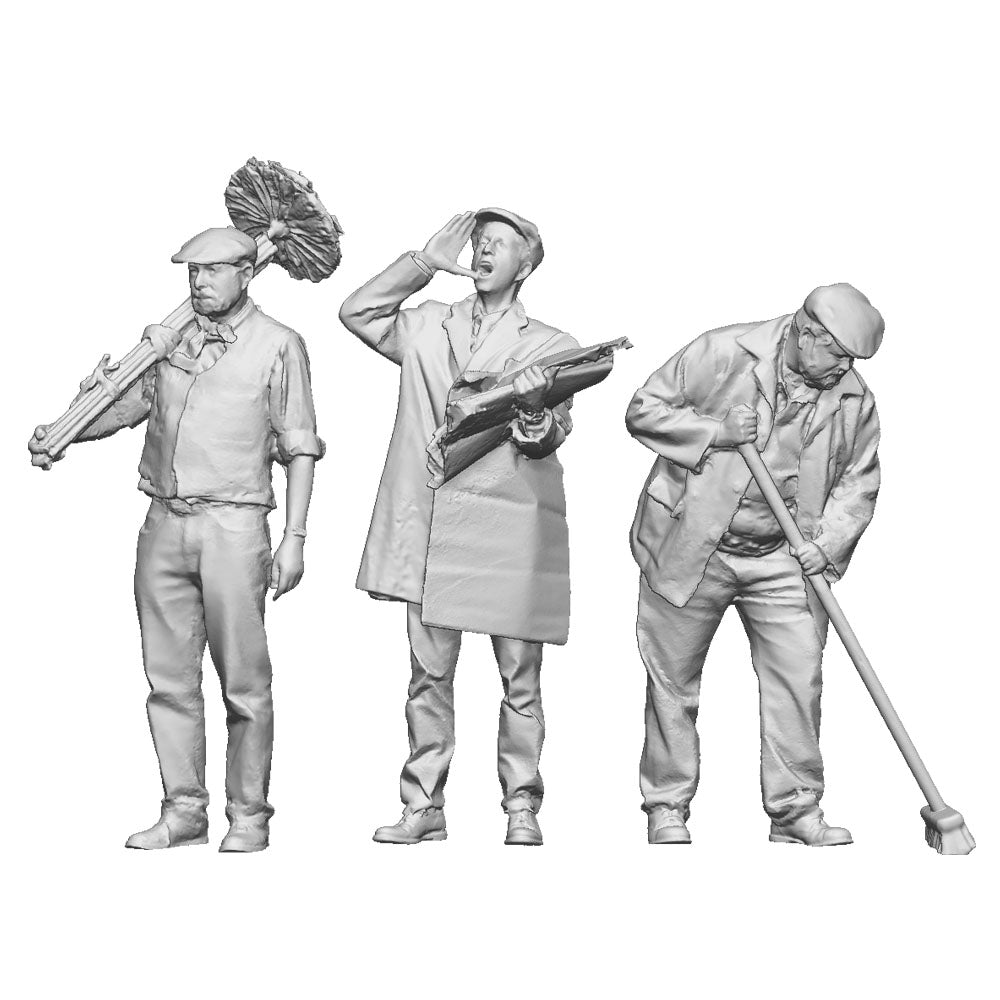 A collection of 3 street workers including a chimney sweep, newspaper seller and a street sweeper