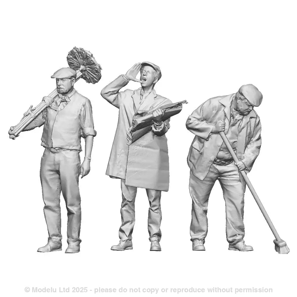 A collection of 3 street workers including a chimney sweep, newspaper seller and a street sweeper