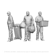 A set of 3 binmen with rubbish bags, a wheelie bin and recycling bins