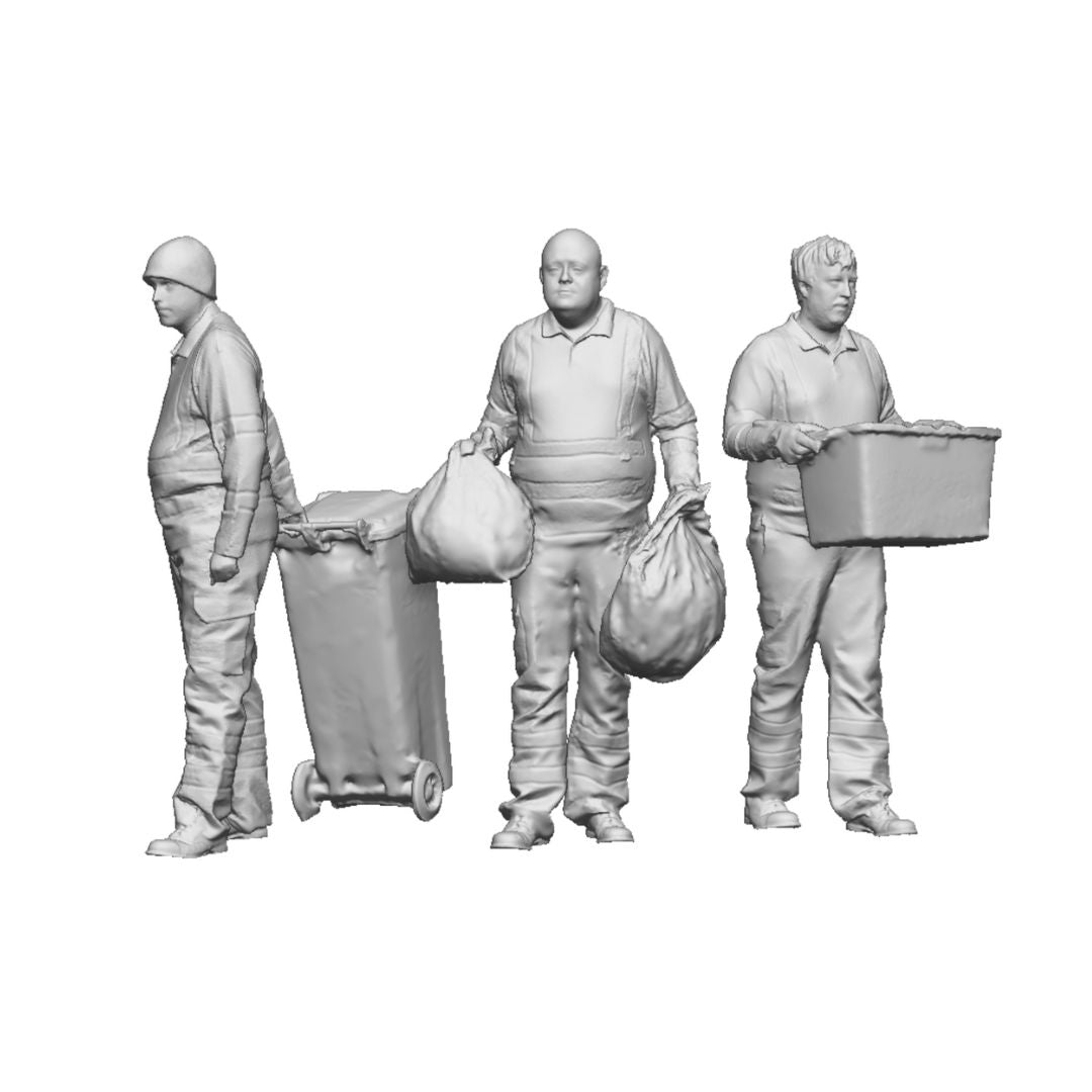 A set of 3 binmen with rubbish bags, a wheelie bin and recycling bins