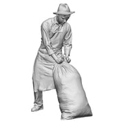 A mill worker moving sack