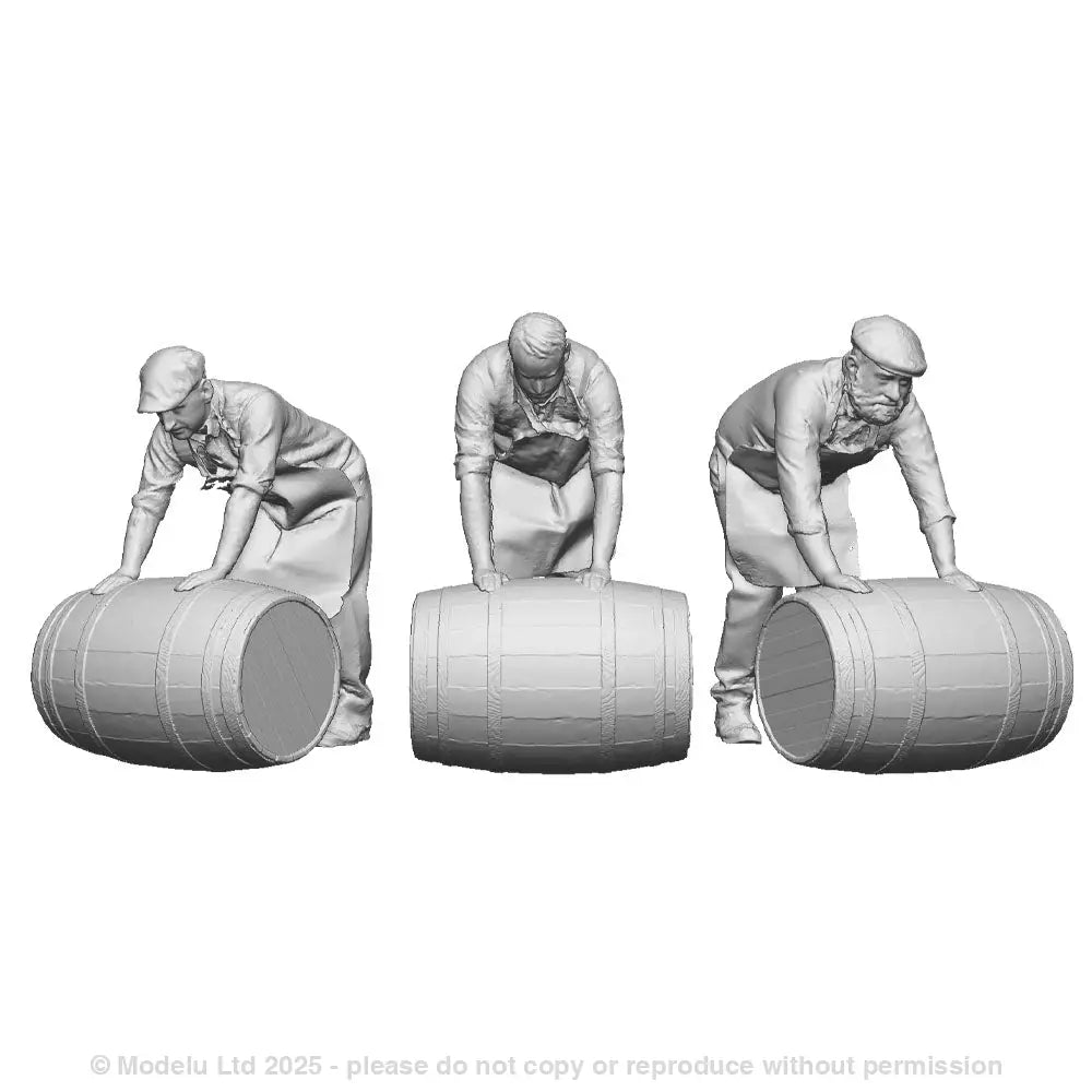 A set of 3 brewery workers moving barrels