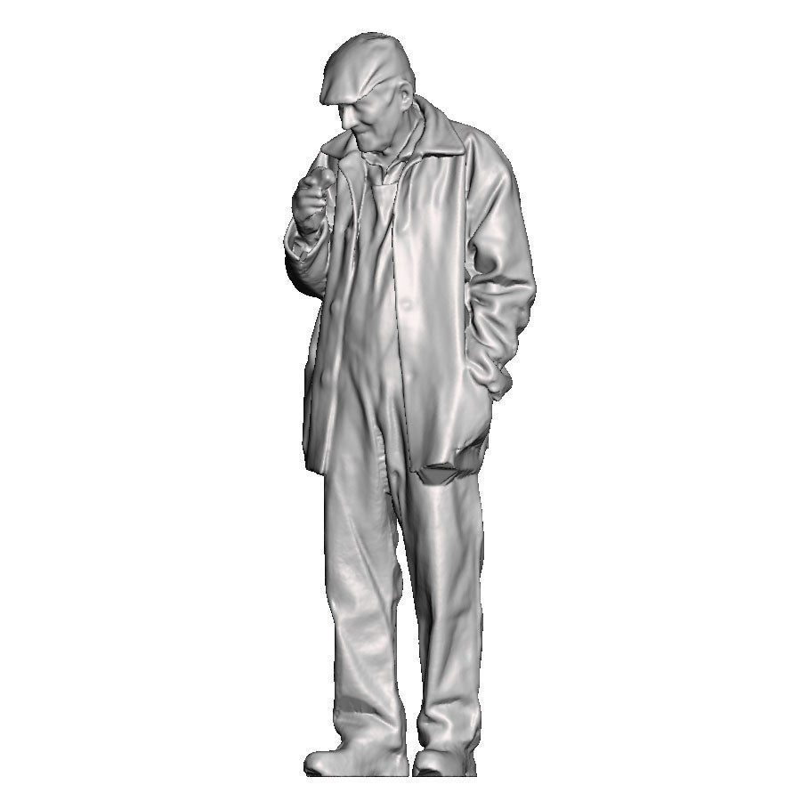 A workman wearing a donkey jacket eating