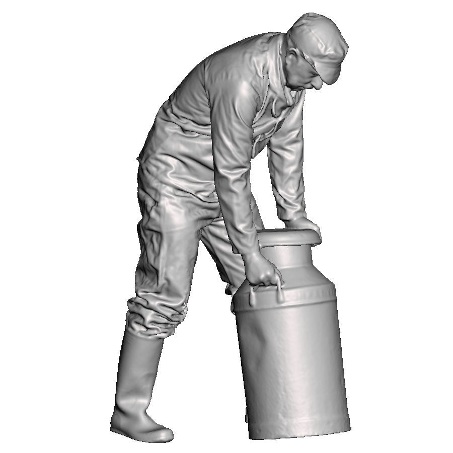 A creamery or dairy worker rolling a milk churn