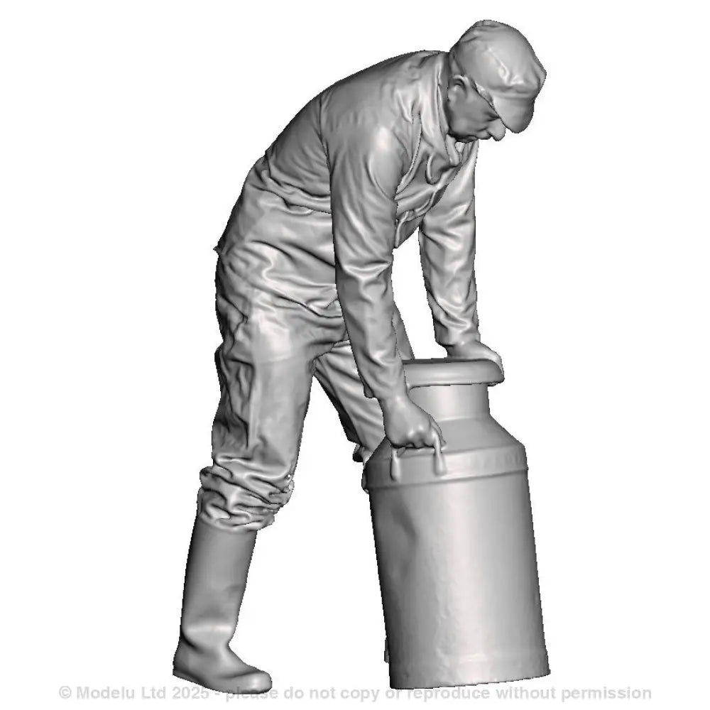 A creamery or dairy worker rolling a milk churn
