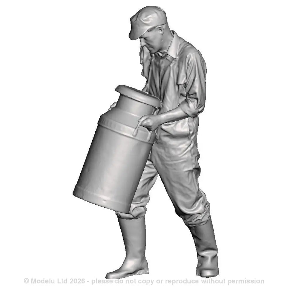 A creamery or dairy worker lifting a milk churn