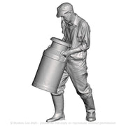 A creamery or dairy worker lifting a milk churn