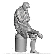 A creamery worker sat on a milk churn smoking