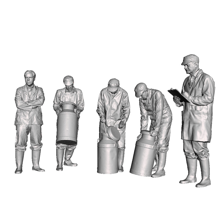 A set of 5 creamery workers including workers rolling churns, a tester and a supervisor