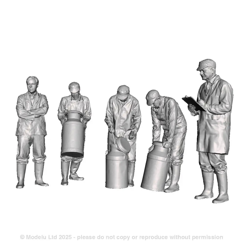 A set of 5 creamery workers including workers rolling churns, a tester and a supervisor