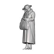 A female figure looking in her bag