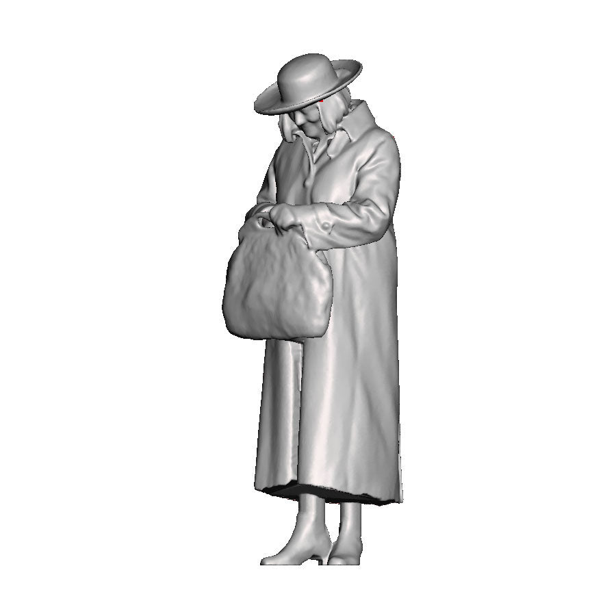 A female figure looking in her bag
