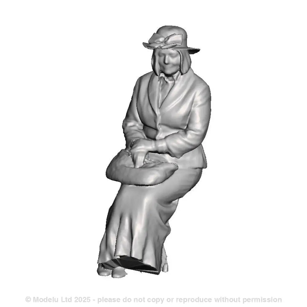 A female figure seated with bag