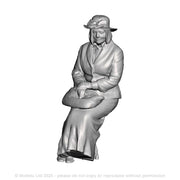 A female figure seated with bag