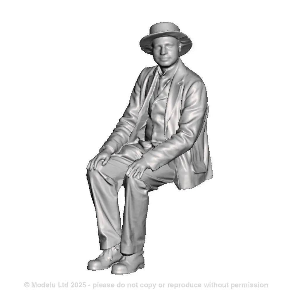 A male figure wearing boater hat seaeted