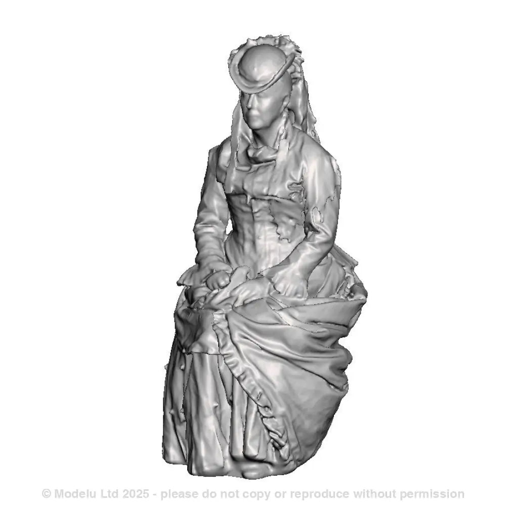 A female figure in late Victorian era dress seated