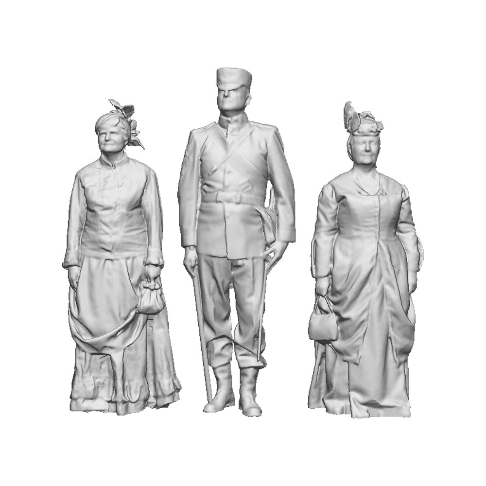 A set of 3 Victorian figures including one male military officer and two female figures