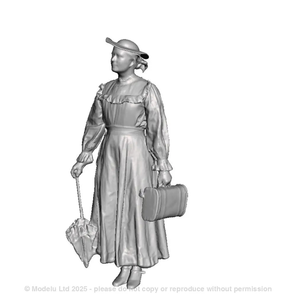 A female Edwardian figure with small case and parasol