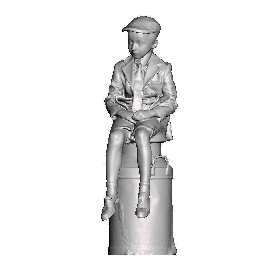 A boy sat on a milk churn