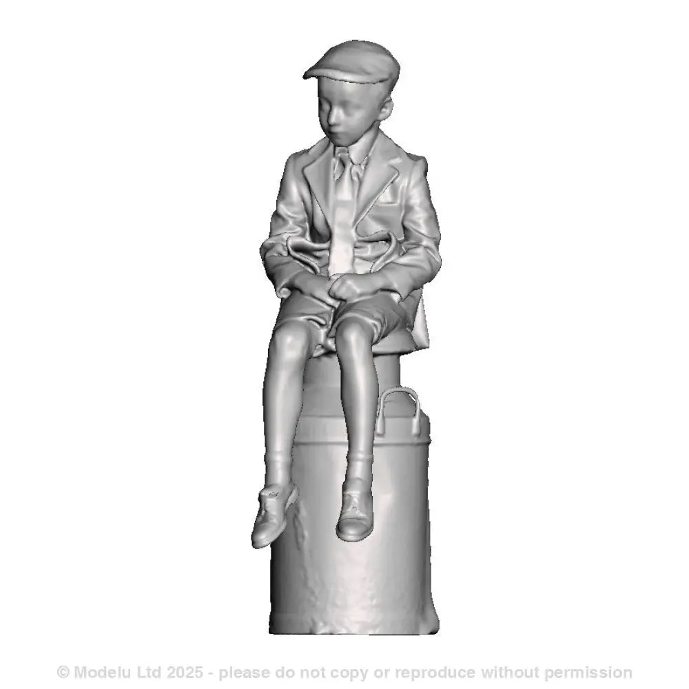 A boy sat on a milk churn