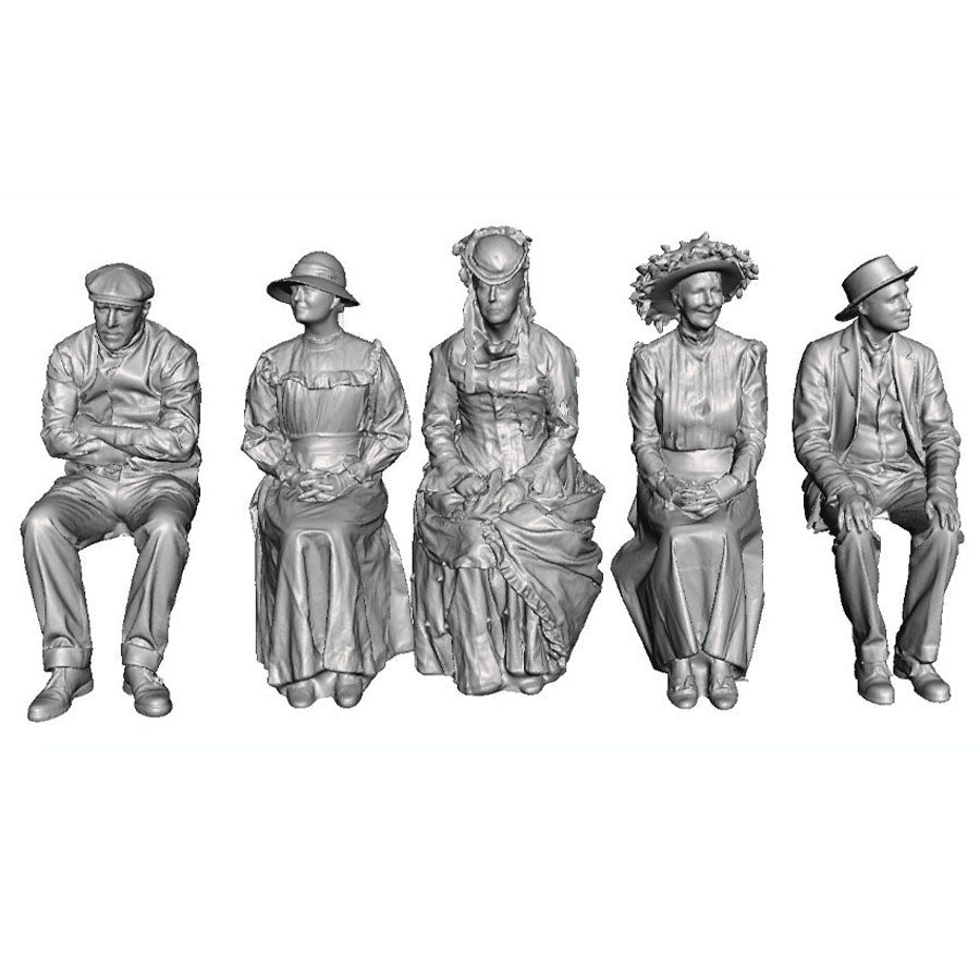 A pack of 5 seated passengers in Edwardian clothing