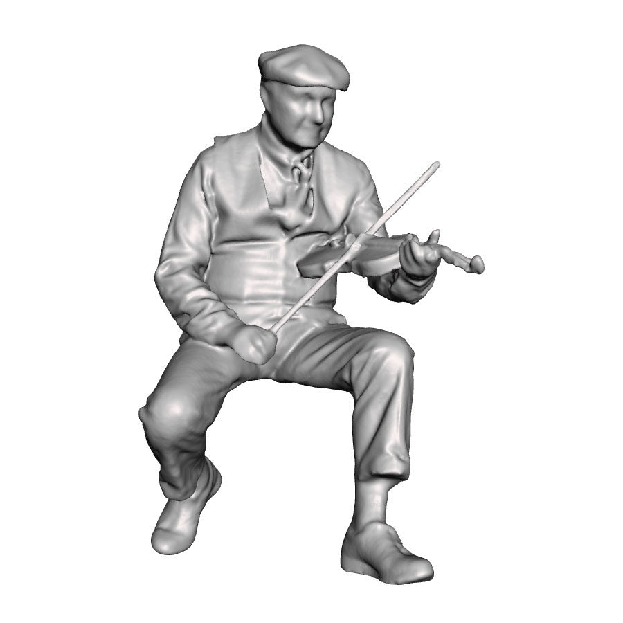A male fiddle player seated