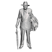 A maile figure with umbrella and coat