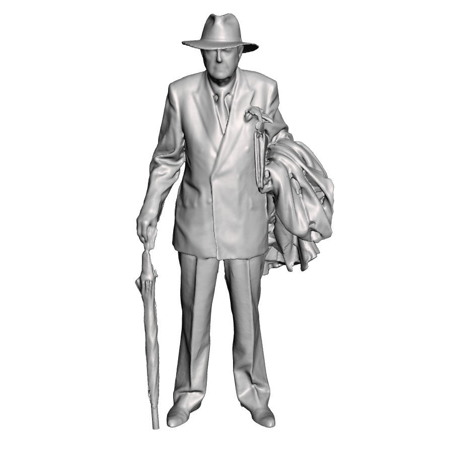 A maile figure with umbrella and coat