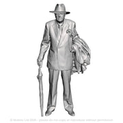 A maile figure with umbrella and coat