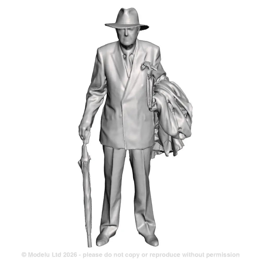 A maile figure with umbrella and coat