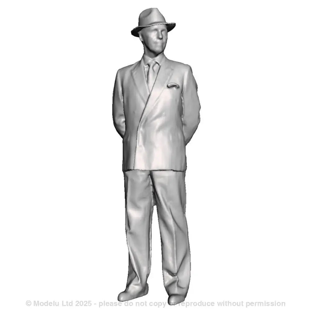 A male figure with hands behind back