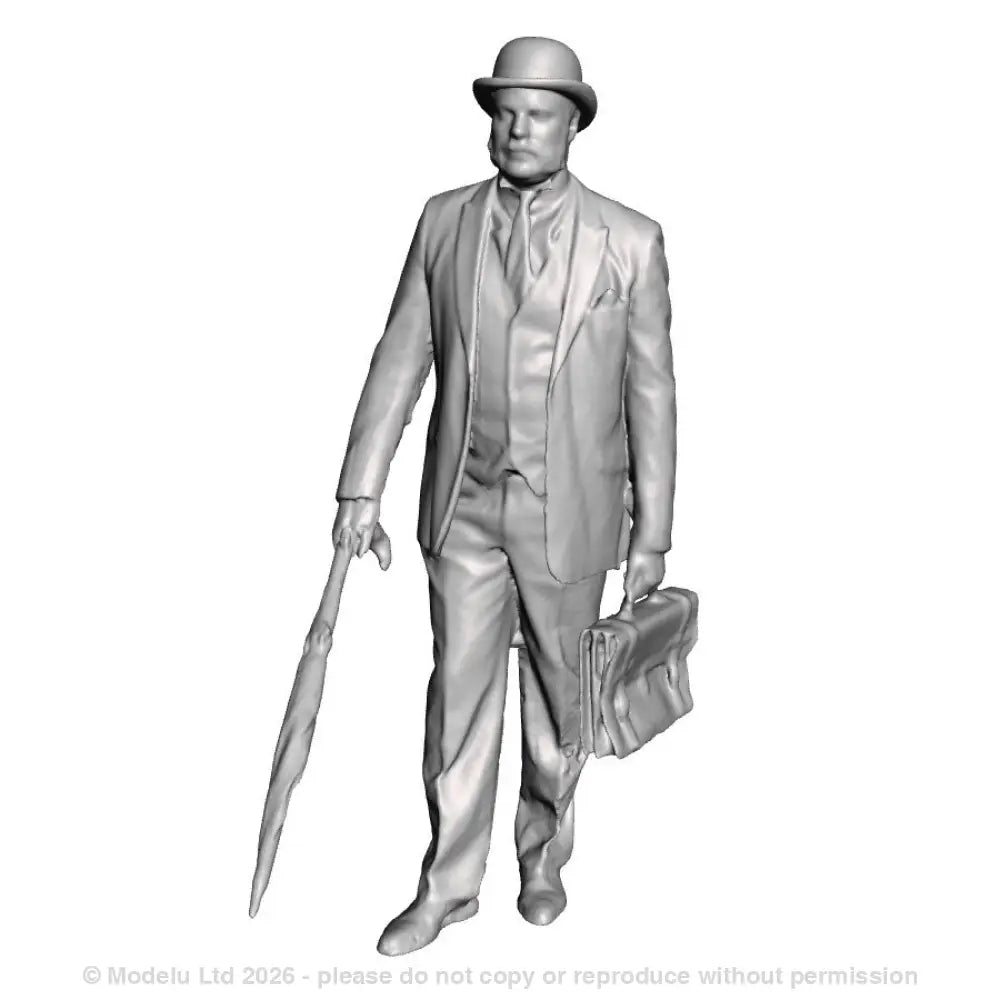 A male figure with umbrella wearing bowler hat