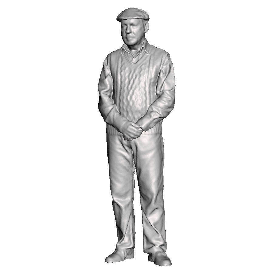 A male figure wearing a flat cap