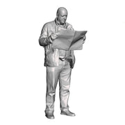 A male figure reading a newspaper