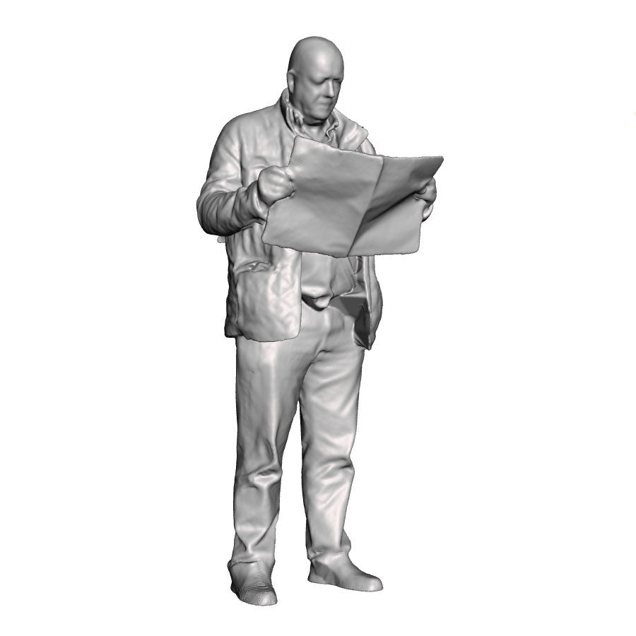 A male figure reading a newspaper
